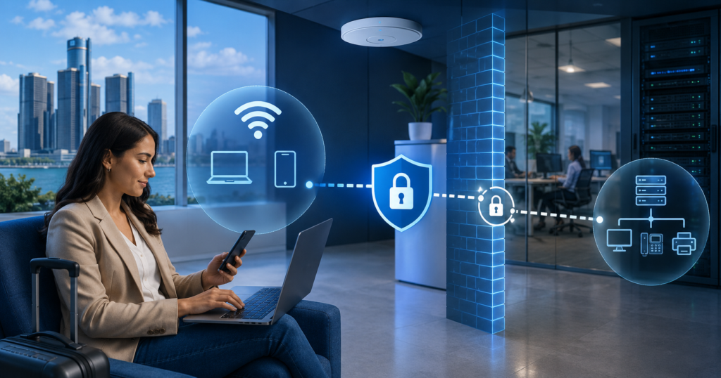 Business guest using secure Wi-Fi in a modern office with network isolation, firewall protection, and internal systems separated in the background