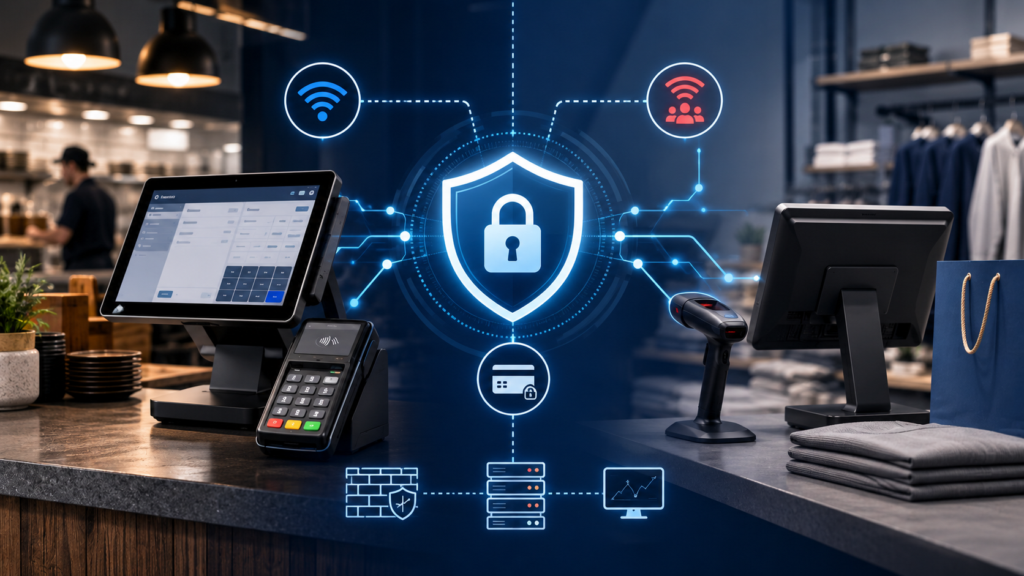 POS system and retail checkout setup with security overlay, representing PCI compliance for restaurants and retail stores.