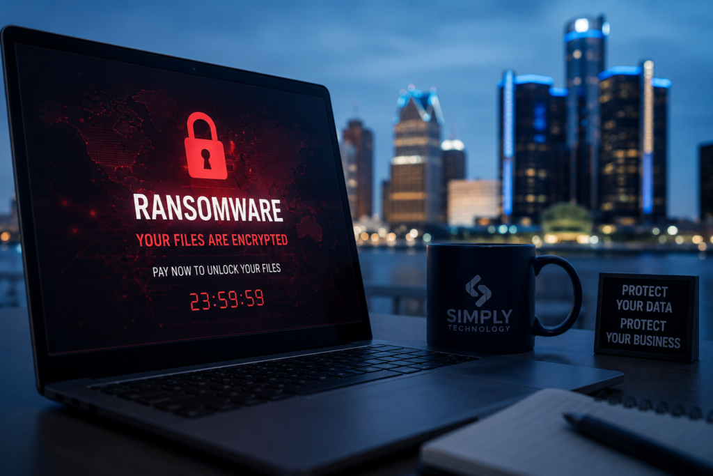 Laptop displaying a ransomware warning in front of a Detroit skyline, representing cybersecurity risk for Michigan businesses.
