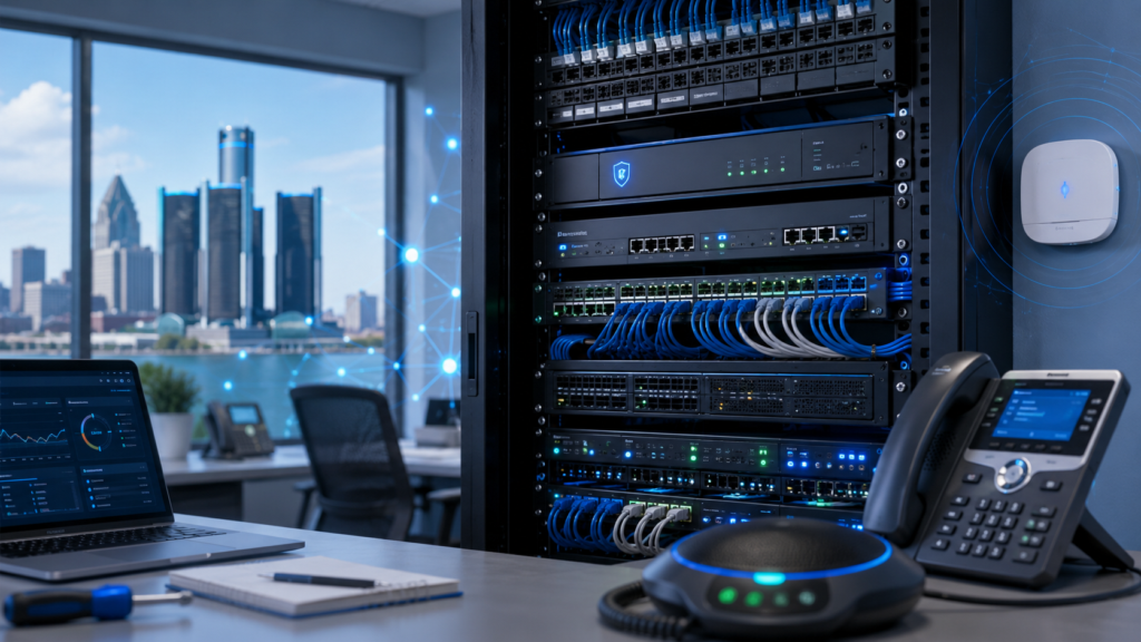 Modern IT office with a network rack, VoIP phone, laptop dashboard, and Detroit skyline, representing business network support for Metro Detroit companies.
