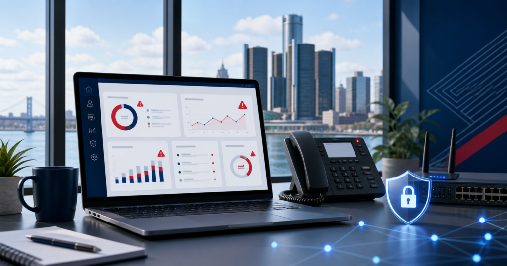 Laptop showing IT support alerts with a business phone, network equipment, and Detroit skyline, representing a company outgrowing its current IT support.