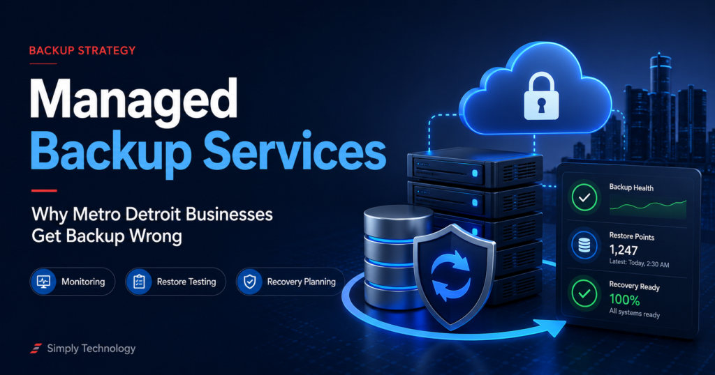 Managed backup services graphic showing cloud backup, secure servers, recovery planning, and backup health monitoring for Metro Detroit businesses