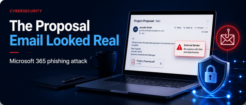 Fake proposal email on a laptop with a phishing warning and security shield