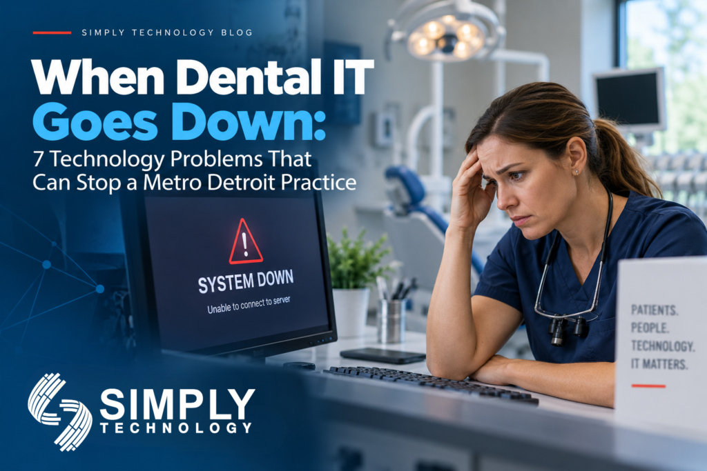 Dental office computer showing a system down error during an IT outage